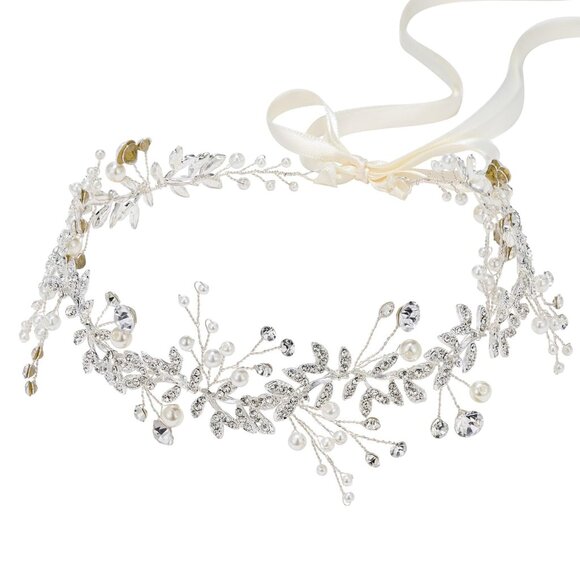 Crystal Bridal Headpiece Silver Wedding Headband for Brides Pearl Hair Vine Rhin
